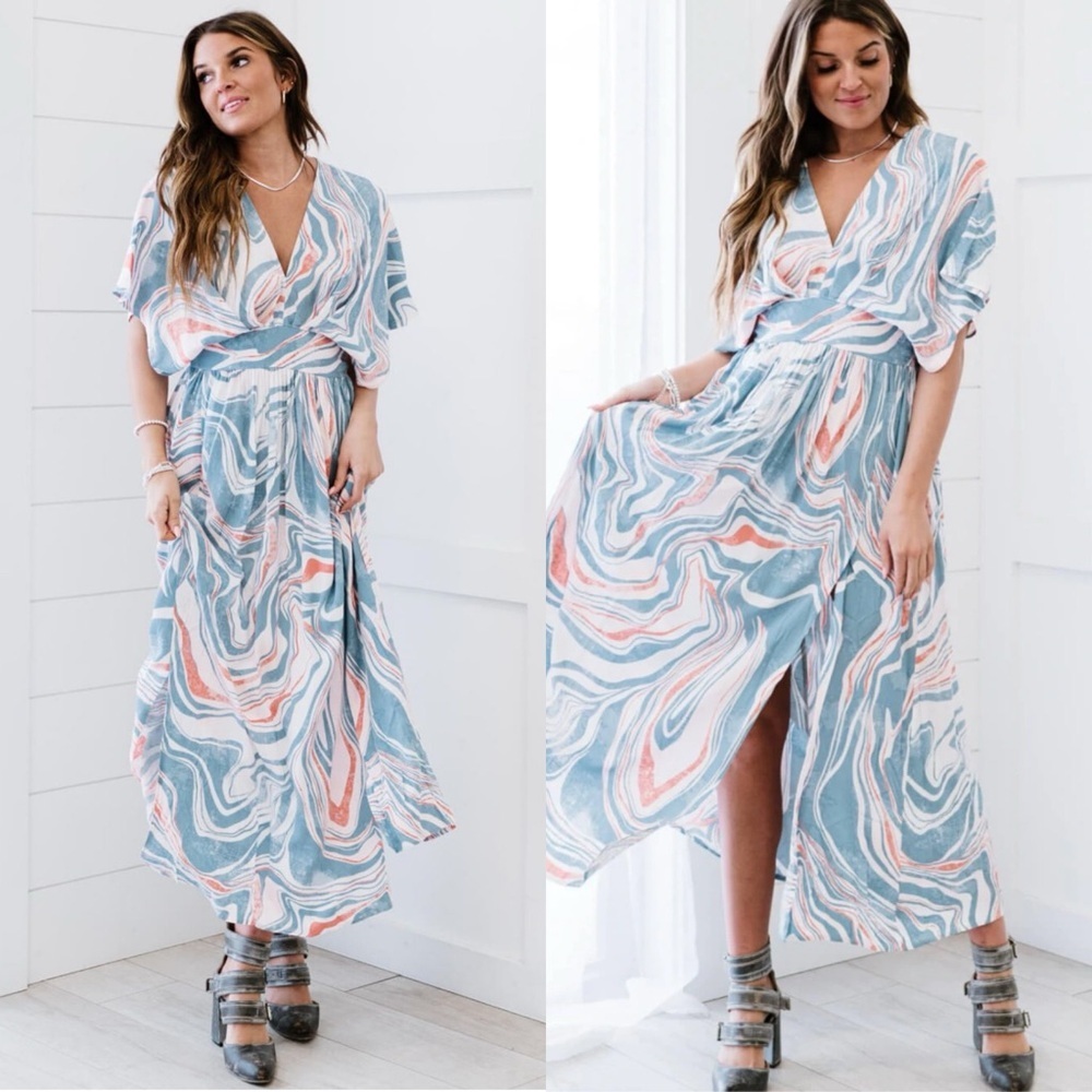 ODDY Swirl V-Neck Maxi Dress in Blue, Coral & White